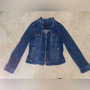 White House black market jean jacket with ruffled front and sleeves. SIZE 10